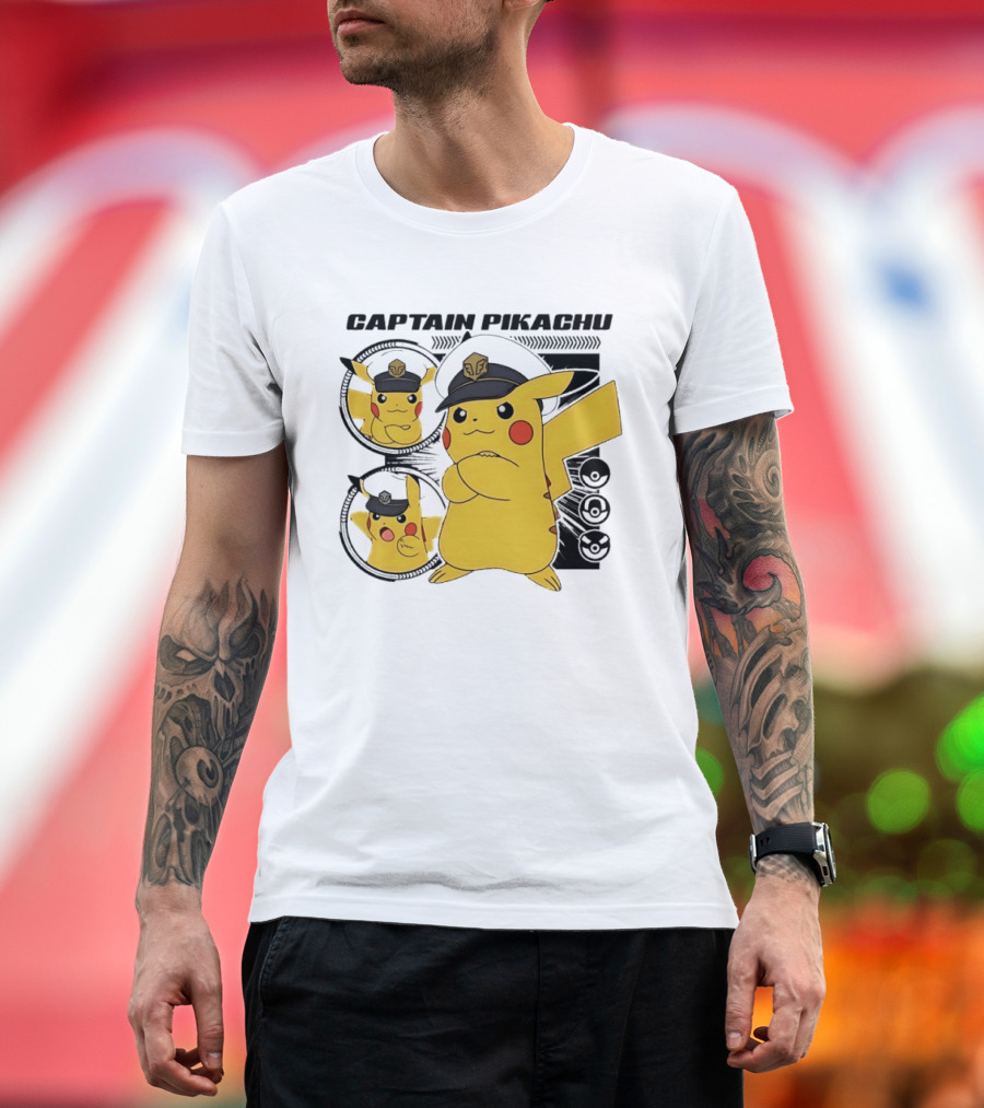 Captain Pikachu Cartoon Character With Hat And Expressions T-Shirt
