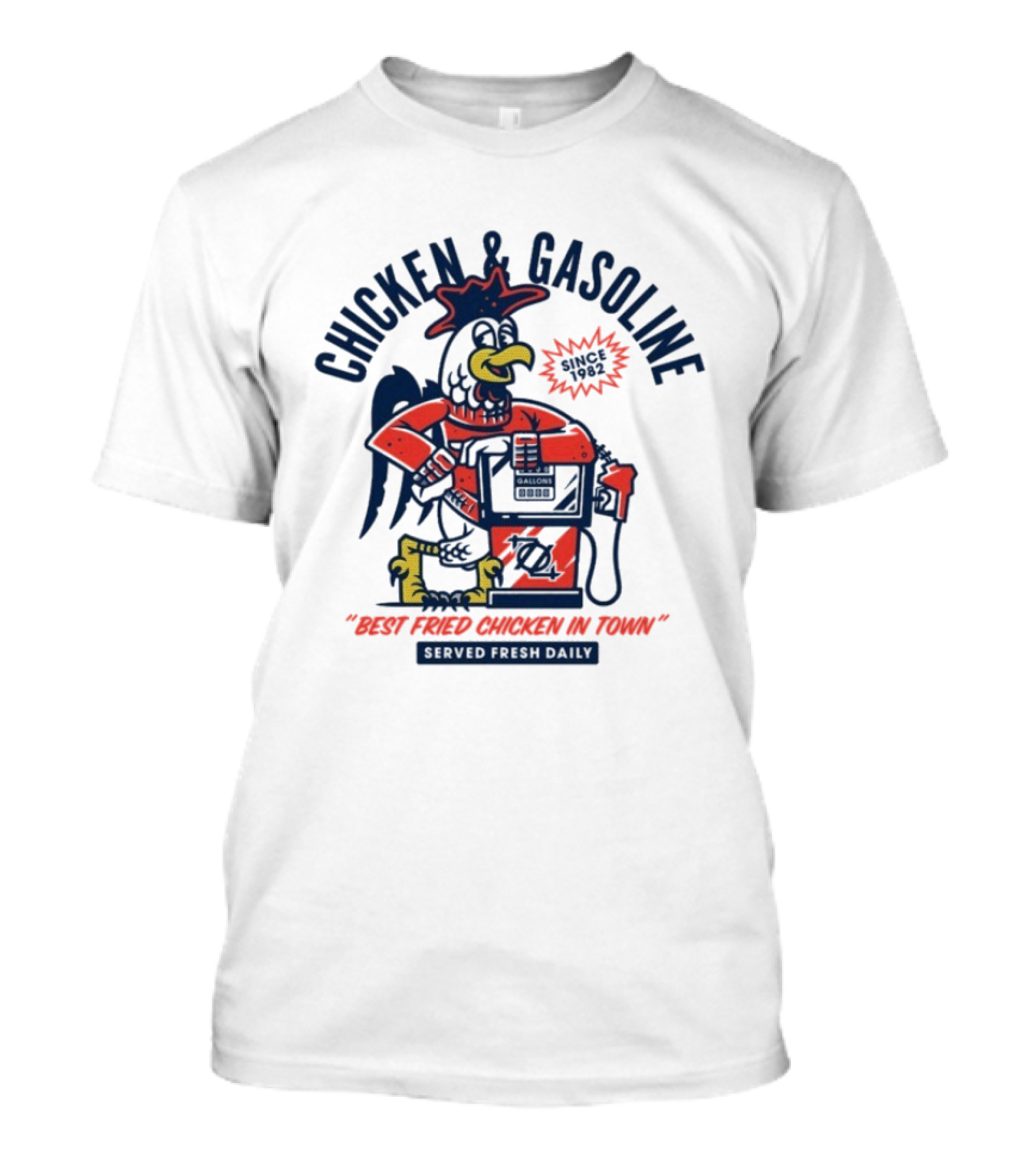 Chicken And Gasoline Best Fried Chicken In Town Since 1982 Retro Style Cartoon Rooster Pumping Gas T-Shirt