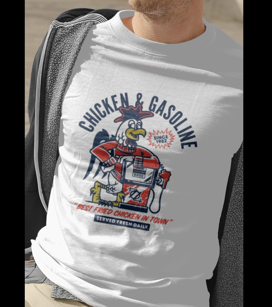 Chicken And Gasoline Best Fried Chicken In Town Since 1982 Retro Style Cartoon Rooster Pumping Gas T-Shirt