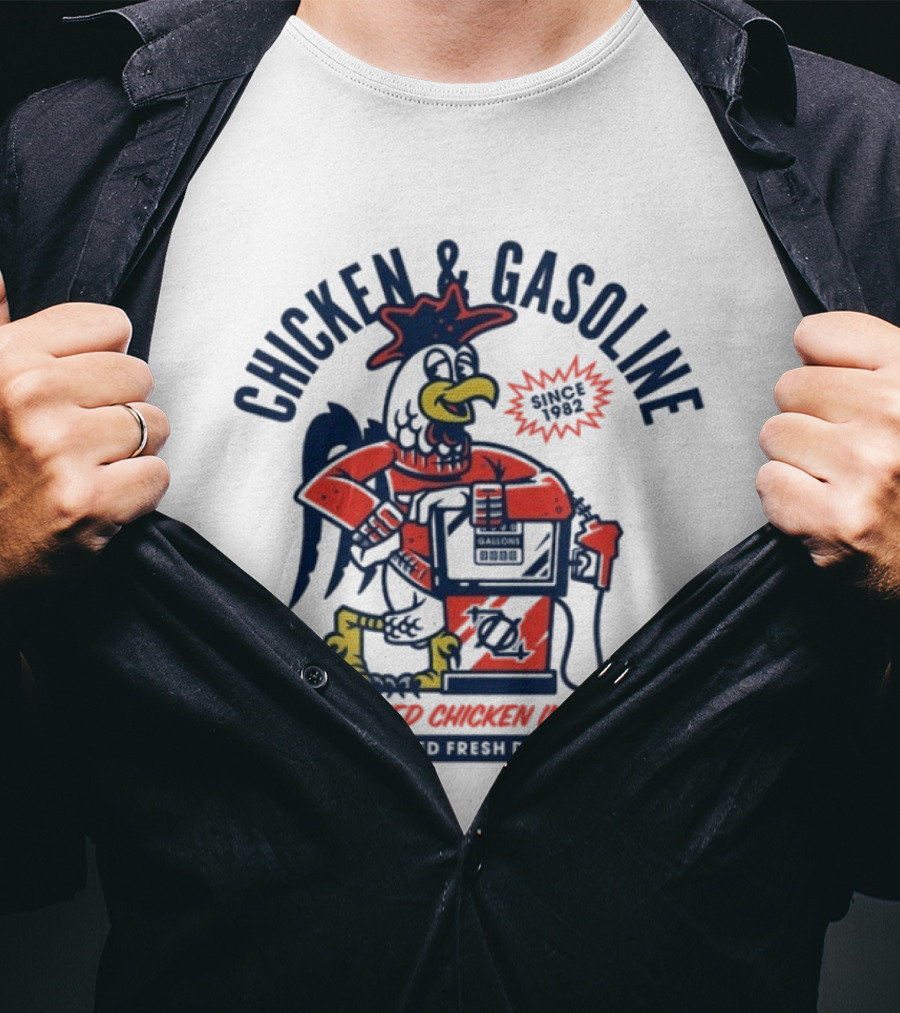 Chicken And Gasoline Best Fried Chicken In Town Since 1982 Retro Style Cartoon Rooster Pumping Gas T-Shirt