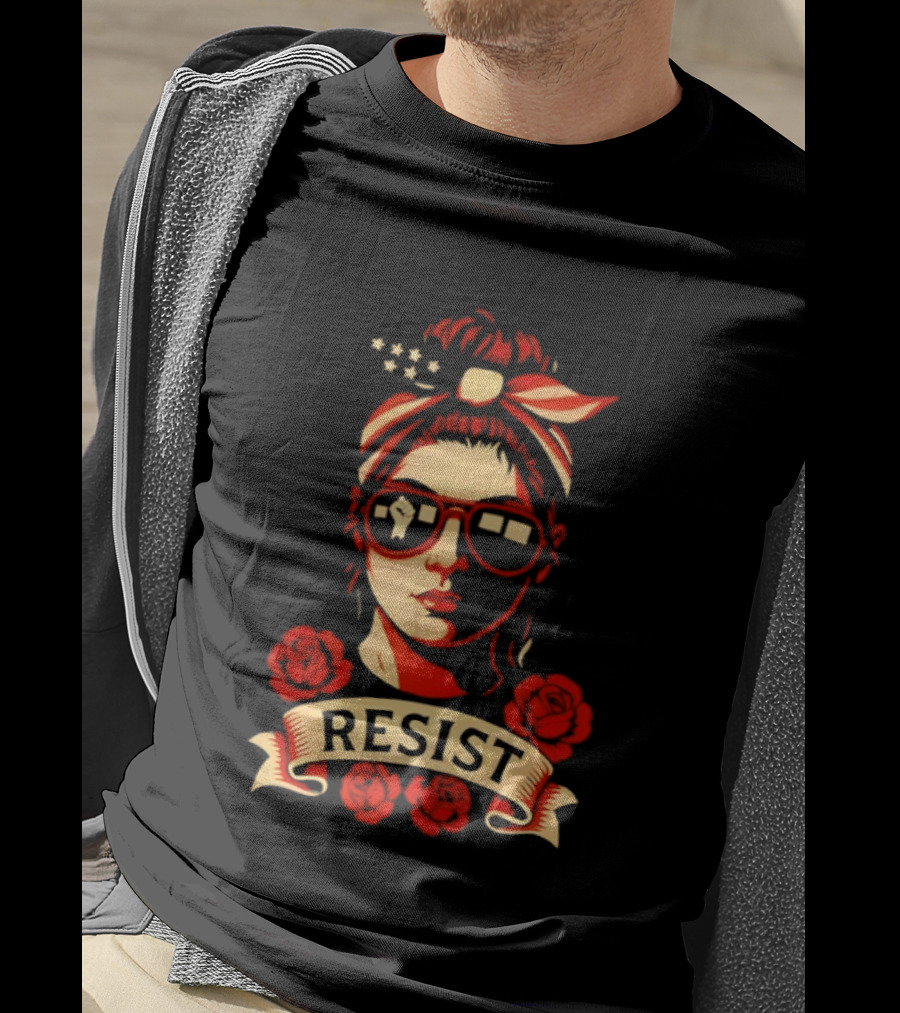 Patriotic Woman Resist American Flag Bandana And Glasses With Roses T-Shirt