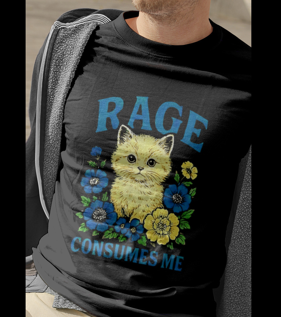Rage Consumes Me Cat Surrounded By Blue And Yellow Flowers T-Shirt