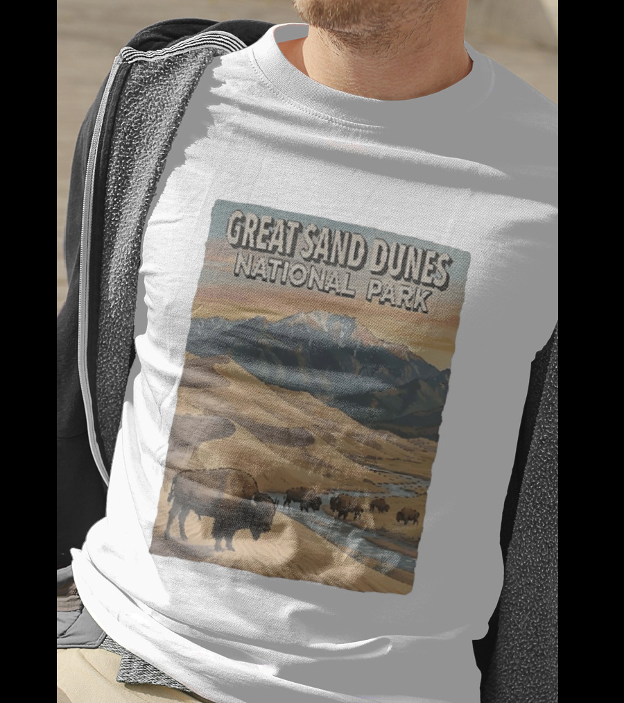 Great Sand Dunes National Park With Buffalo And Mountains Scene T-Shirt
