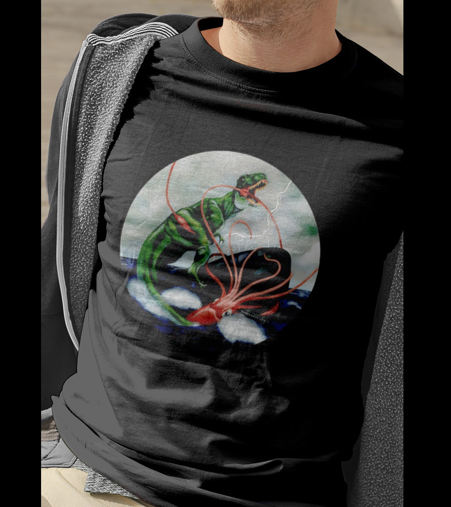 Dinosaur And Giant Squid Battle On Stormy Sea T-Shirt