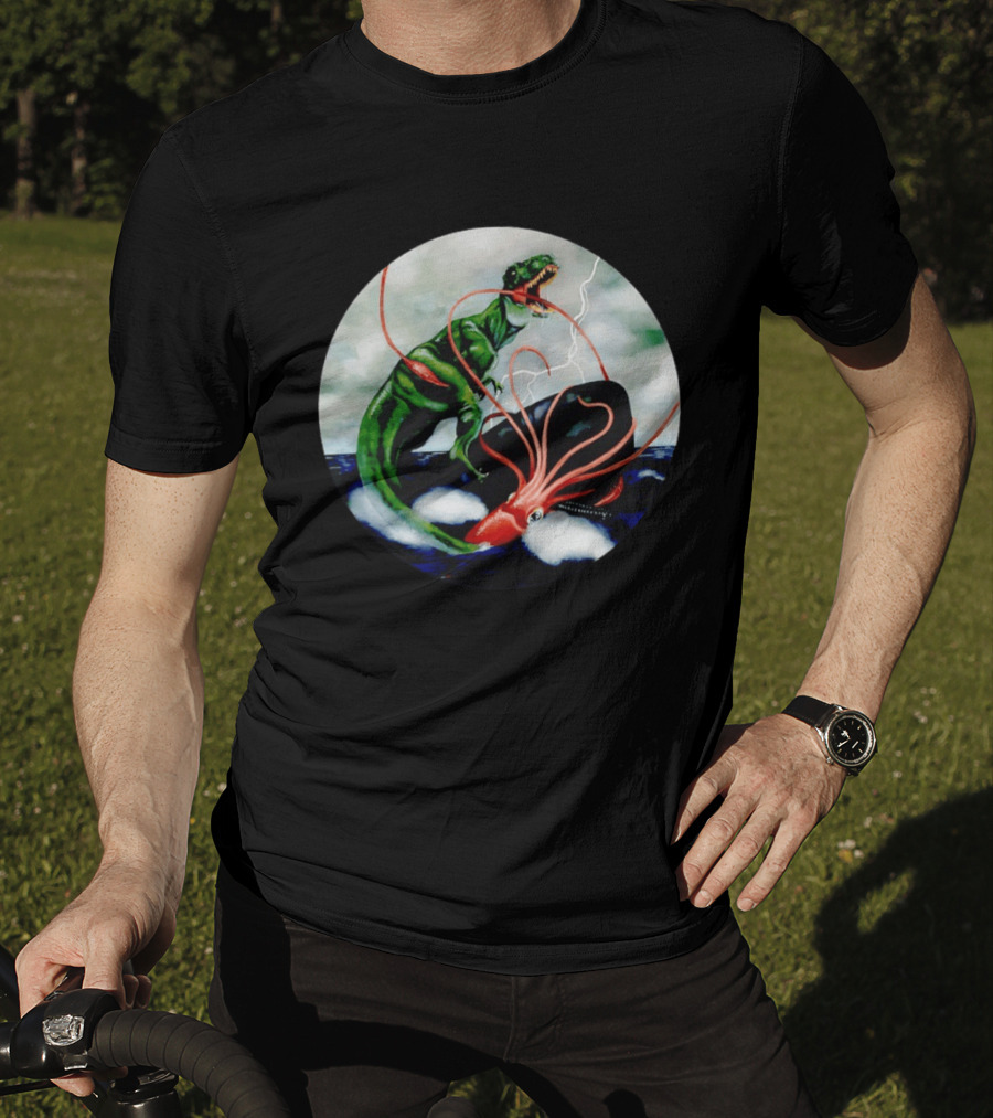 Dinosaur And Giant Squid Battle On Stormy Sea T-Shirt