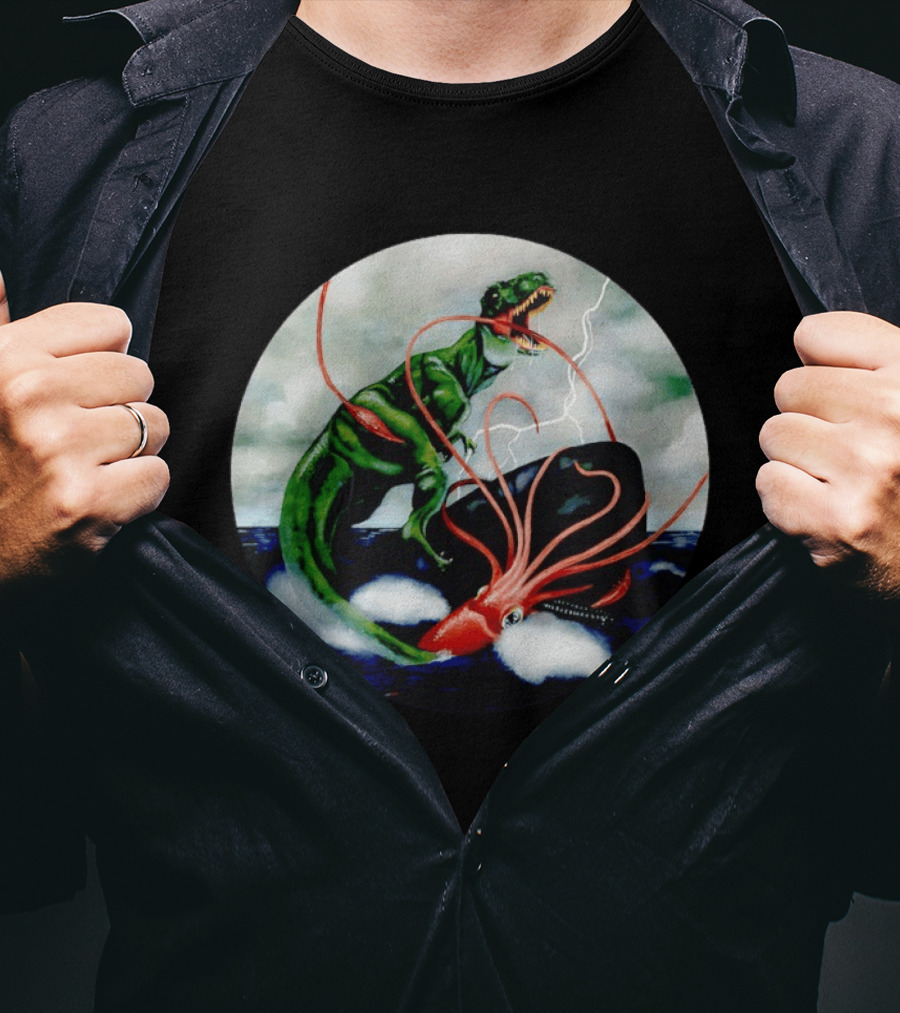 Dinosaur And Giant Squid Battle On Stormy Sea T-Shirt