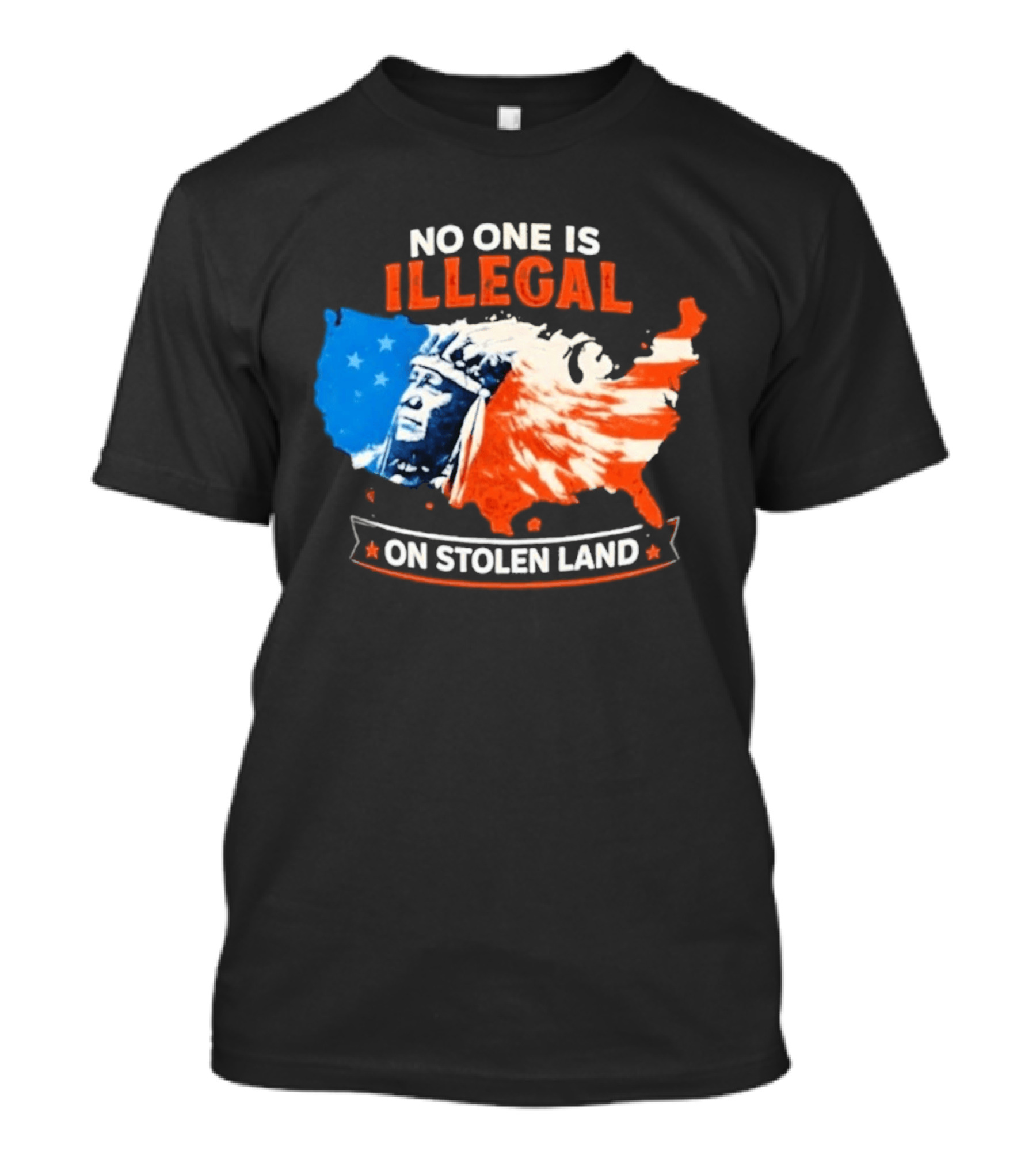 No One Is Illegal On Stolen Land USA Map Native American Headdress T-Shirt
