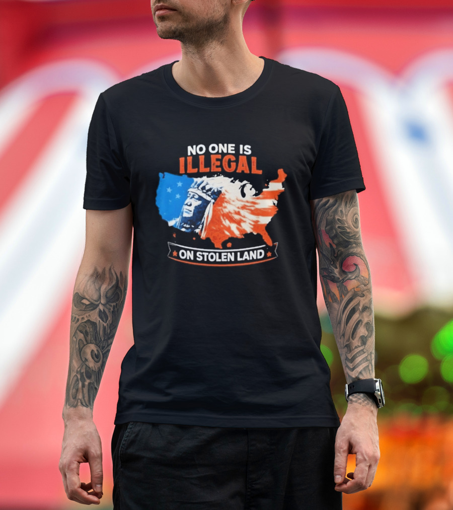 No One Is Illegal On Stolen Land USA Map Native American Headdress T-Shirt