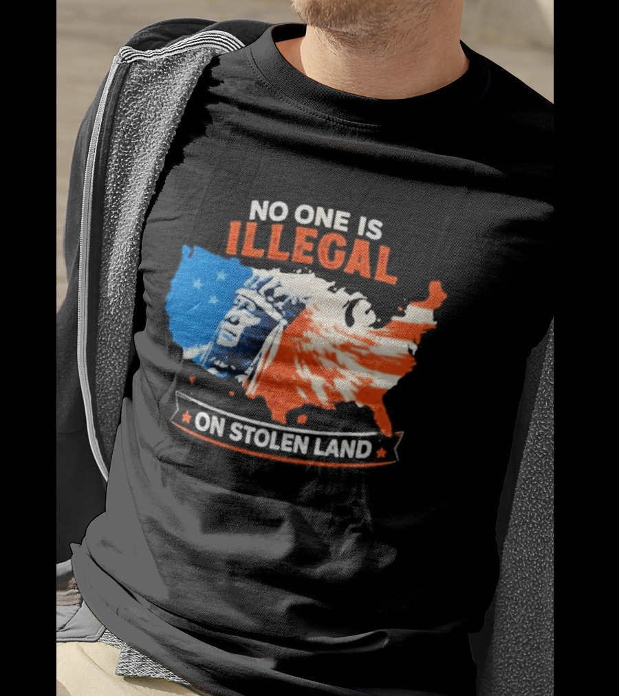 No One Is Illegal On Stolen Land USA Map Native American Headdress T-Shirt