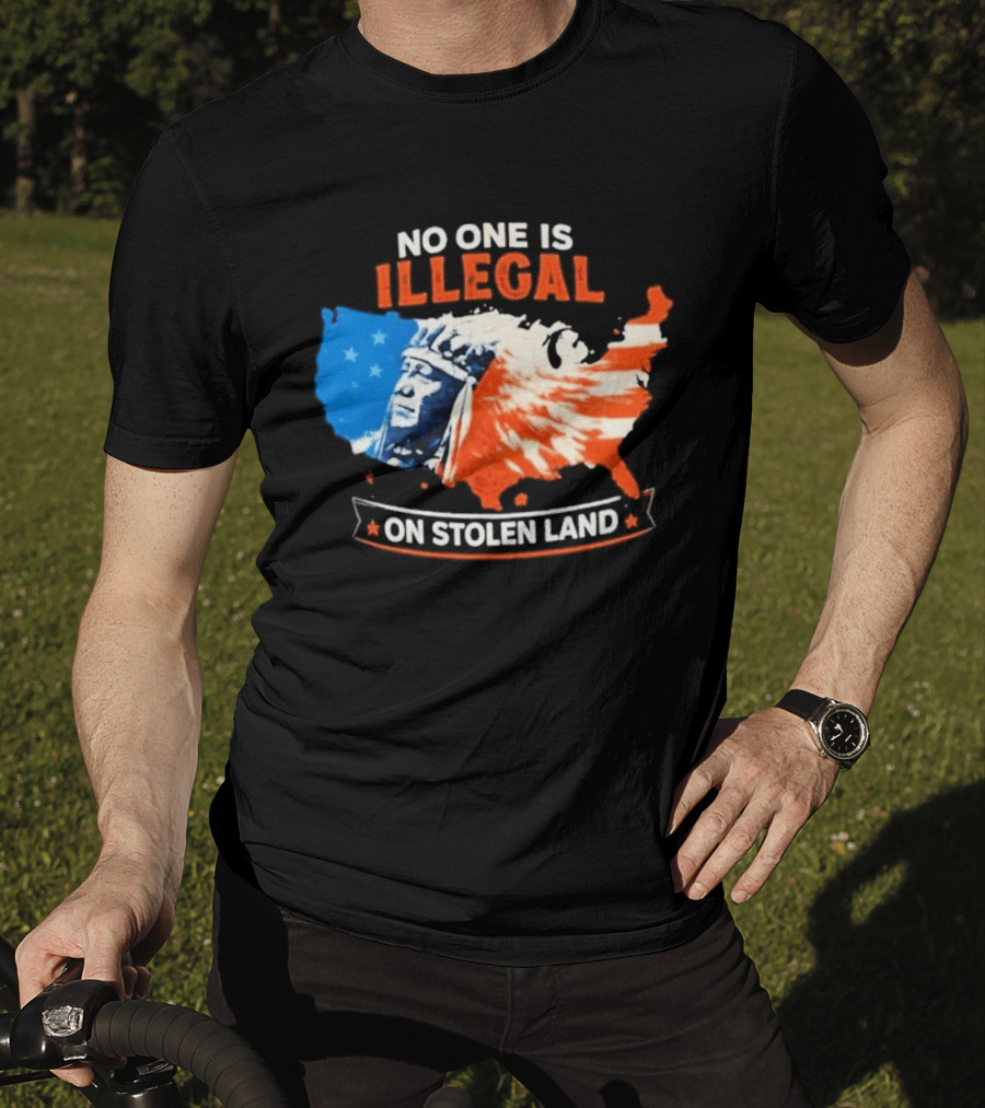 No One Is Illegal On Stolen Land USA Map Native American Headdress T-Shirt