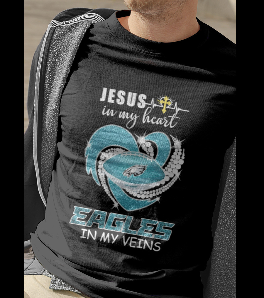 Jesus In My Heart Eagles In My Veins Diamond Heart Shape Football T-Shirt