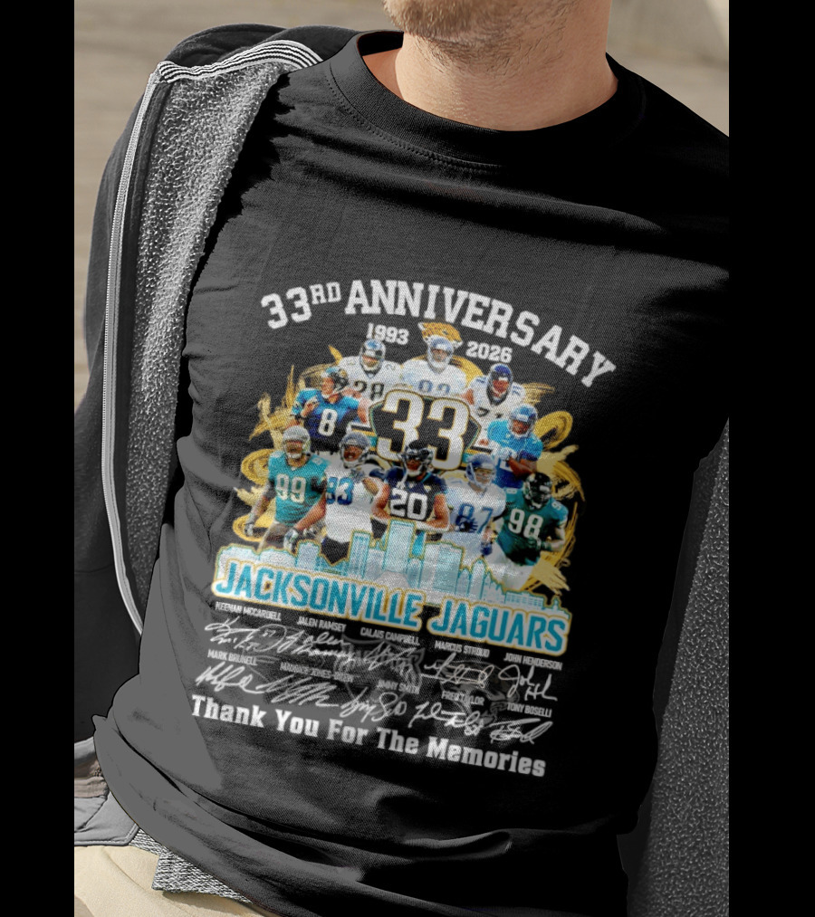 Jacksonville Jaguars 33rd Anniversary Players Collage City Skyline T-Shirt