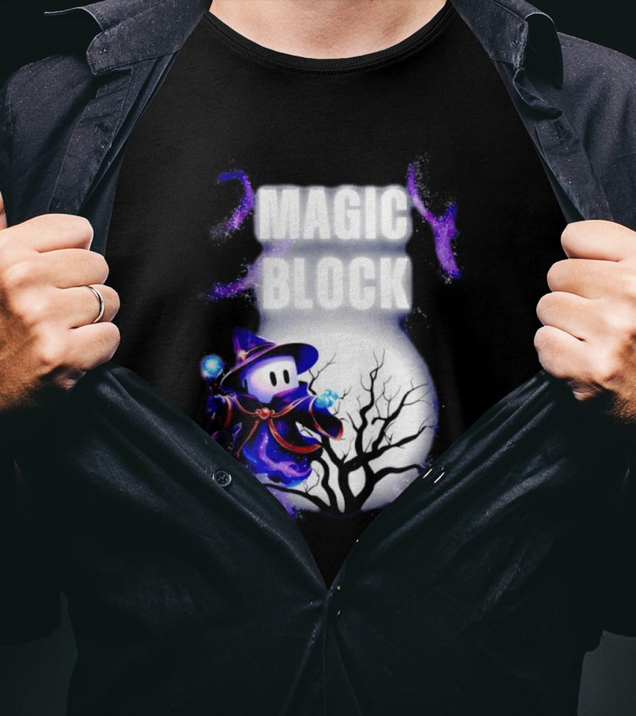 Magic Block Wizard With Glowing Orbs And Mystical Tree T-Shirt