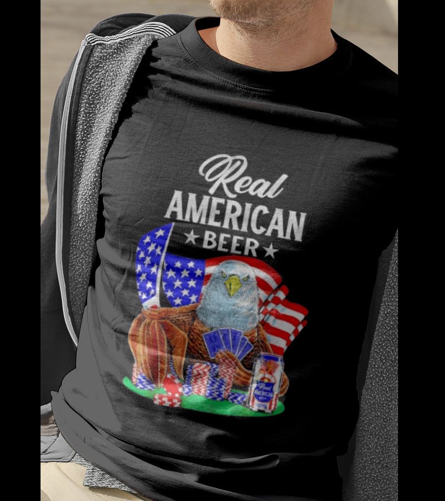 Real American Eagle Poker With Beer And Flag T-Shirt