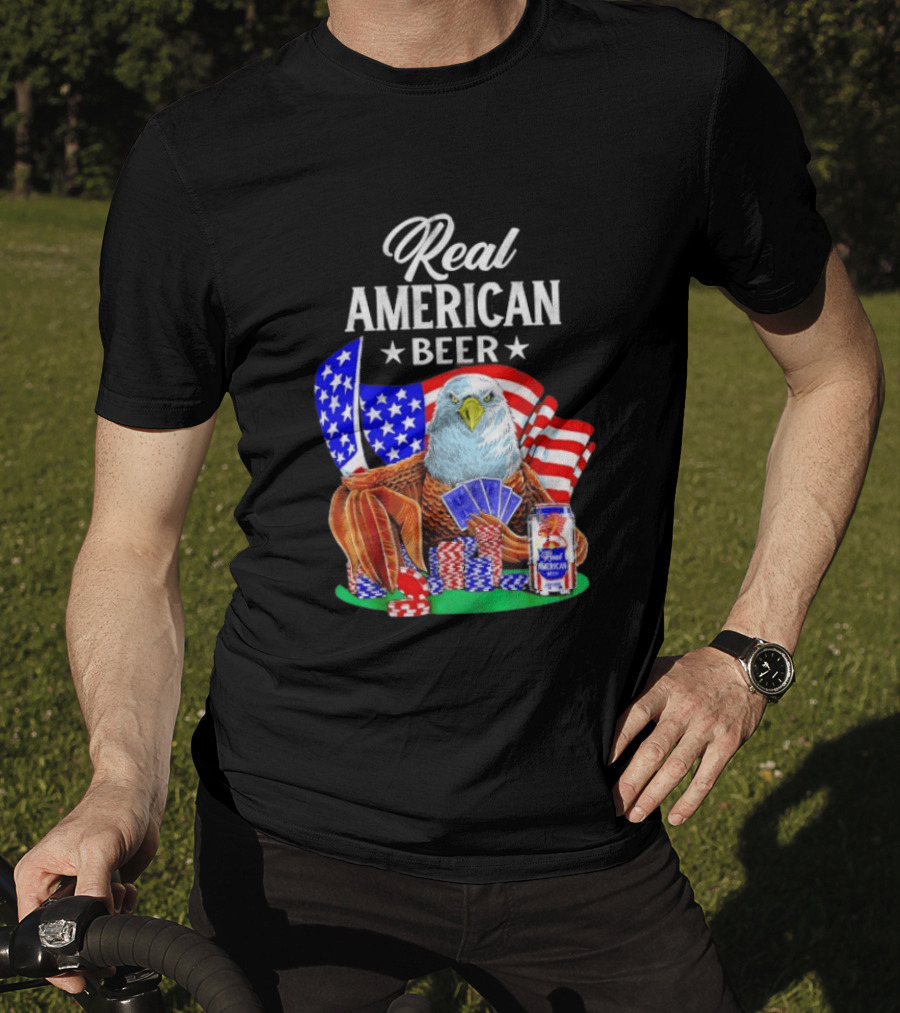 Real American Eagle Poker With Beer And Flag T-Shirt