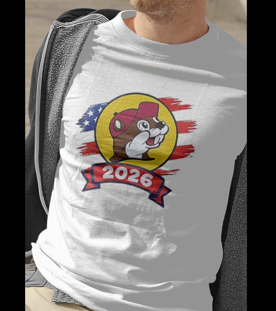 Buc Ee's 2026 Celebration With Iconic Beaver Emblem And American Flag T-Shirt
