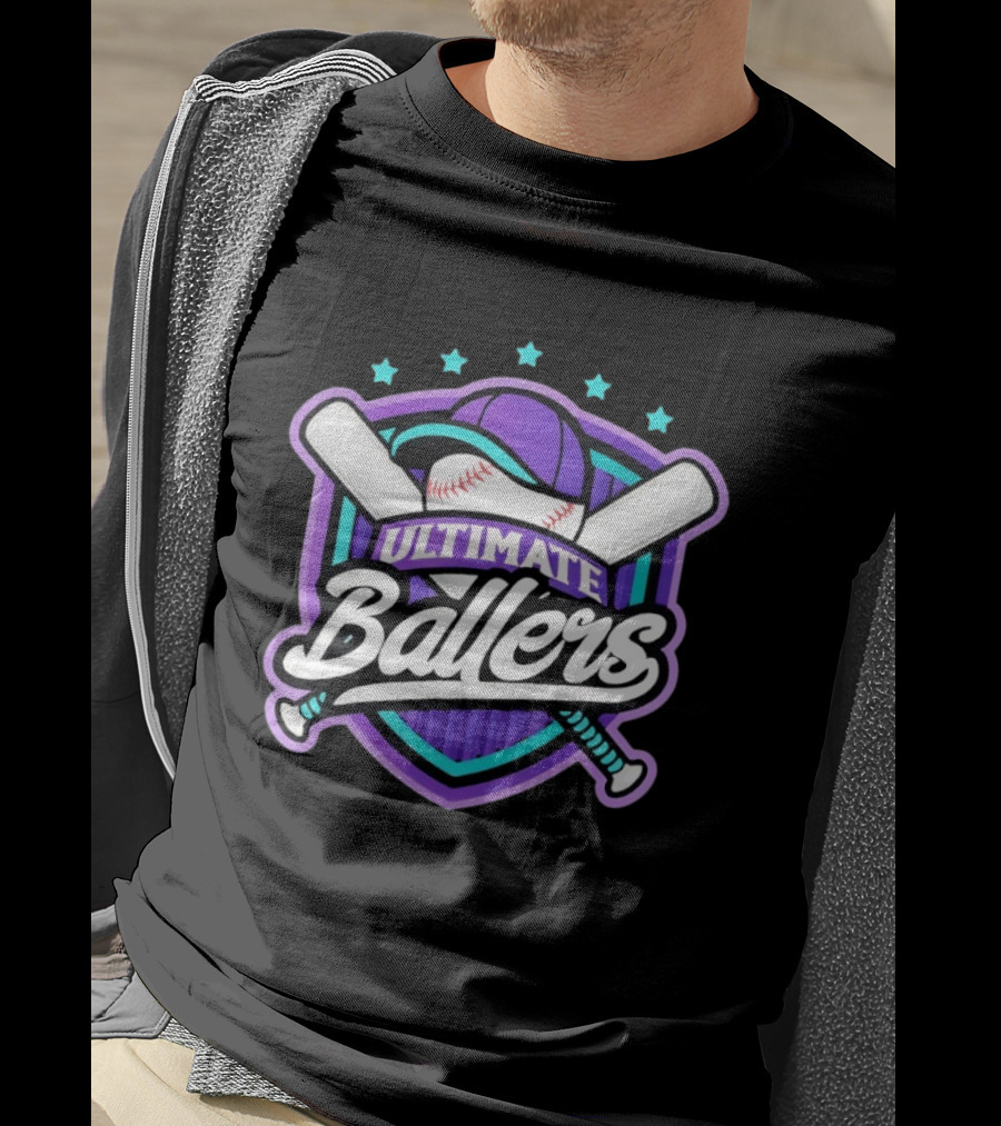 Ultimate Ballers Baseball Purple Cap Bats Retro Five Stars T-Shirt