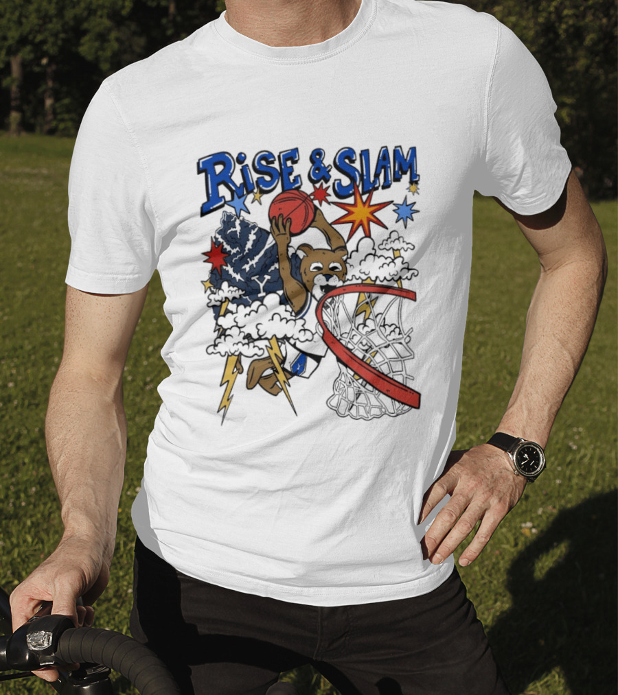 BYU Basketball Rise And Slam Flyin' Hoops Bear Dunking With Stars And Lightning T-Shirt