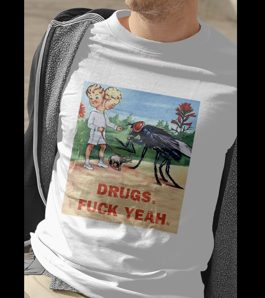 DRUGS FUCK YEAH Retro Cartoon Big Fly Tiny Elephant T-Shirt