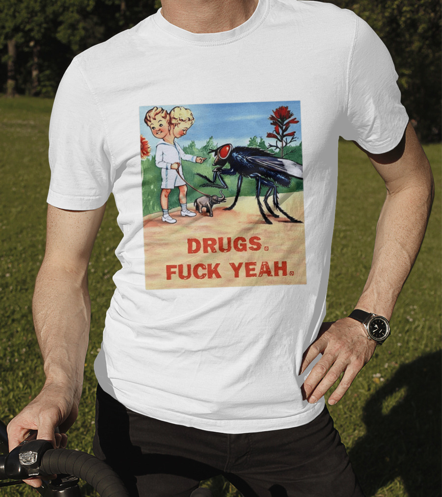 DRUGS FUCK YEAH Retro Cartoon Big Fly Tiny Elephant T-Shirt