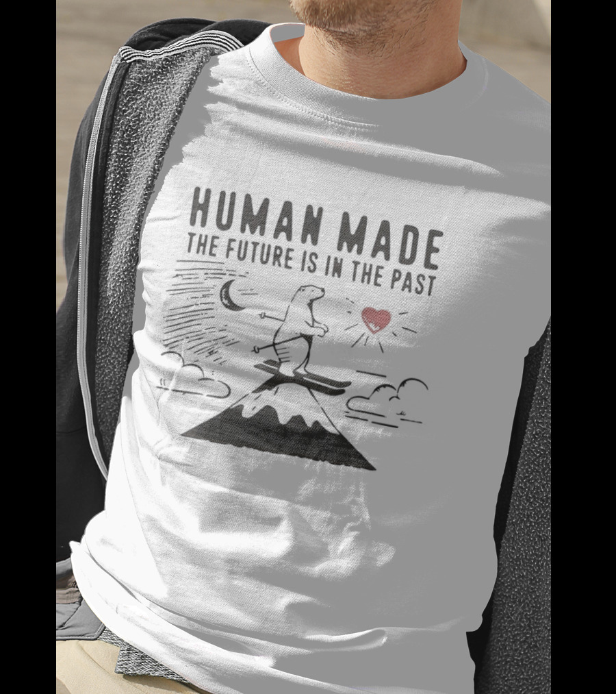 Polar Bear Skiing Human Made The Future Is In The Past Moon Heart Clouds Mountain T-Shirt