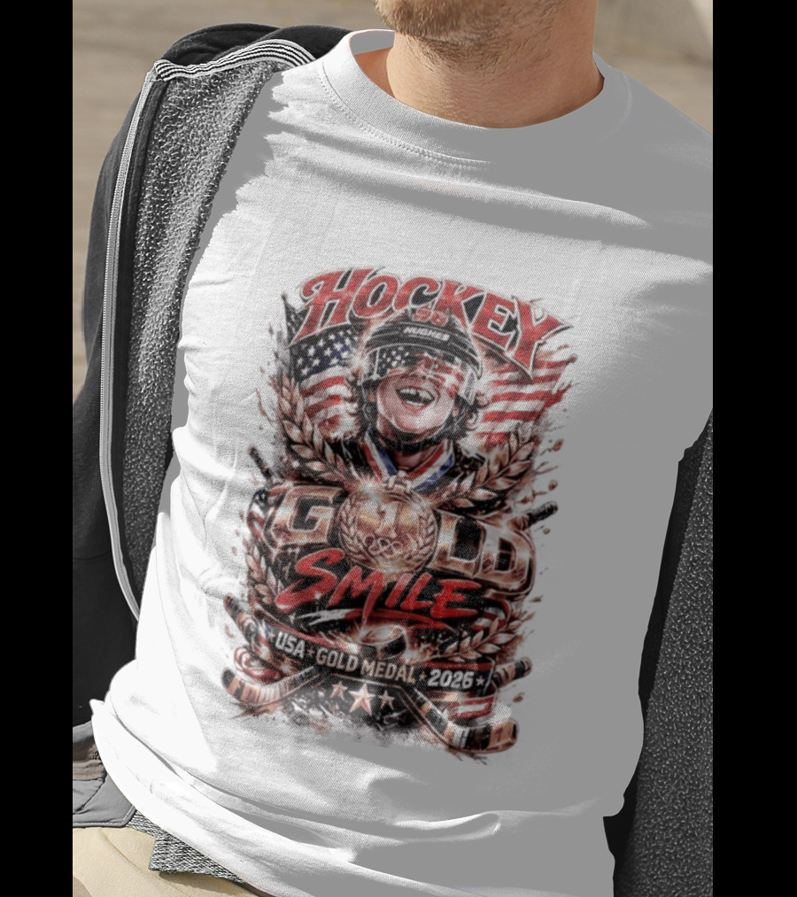 Hockey USA Gold Medal 2026 Gold Smile Hughes Victory T-Shirt
