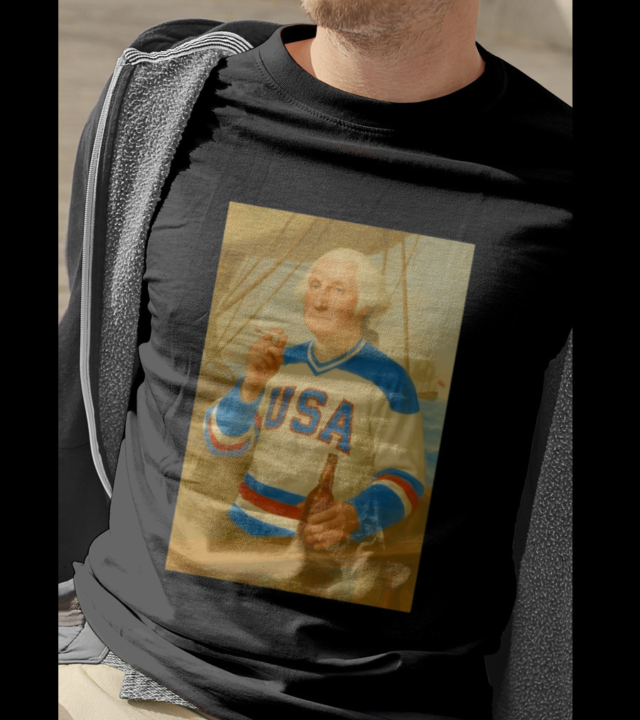 USA Hockey Jersey Wearing George Washington Smoking Holding Beer T-Shirt