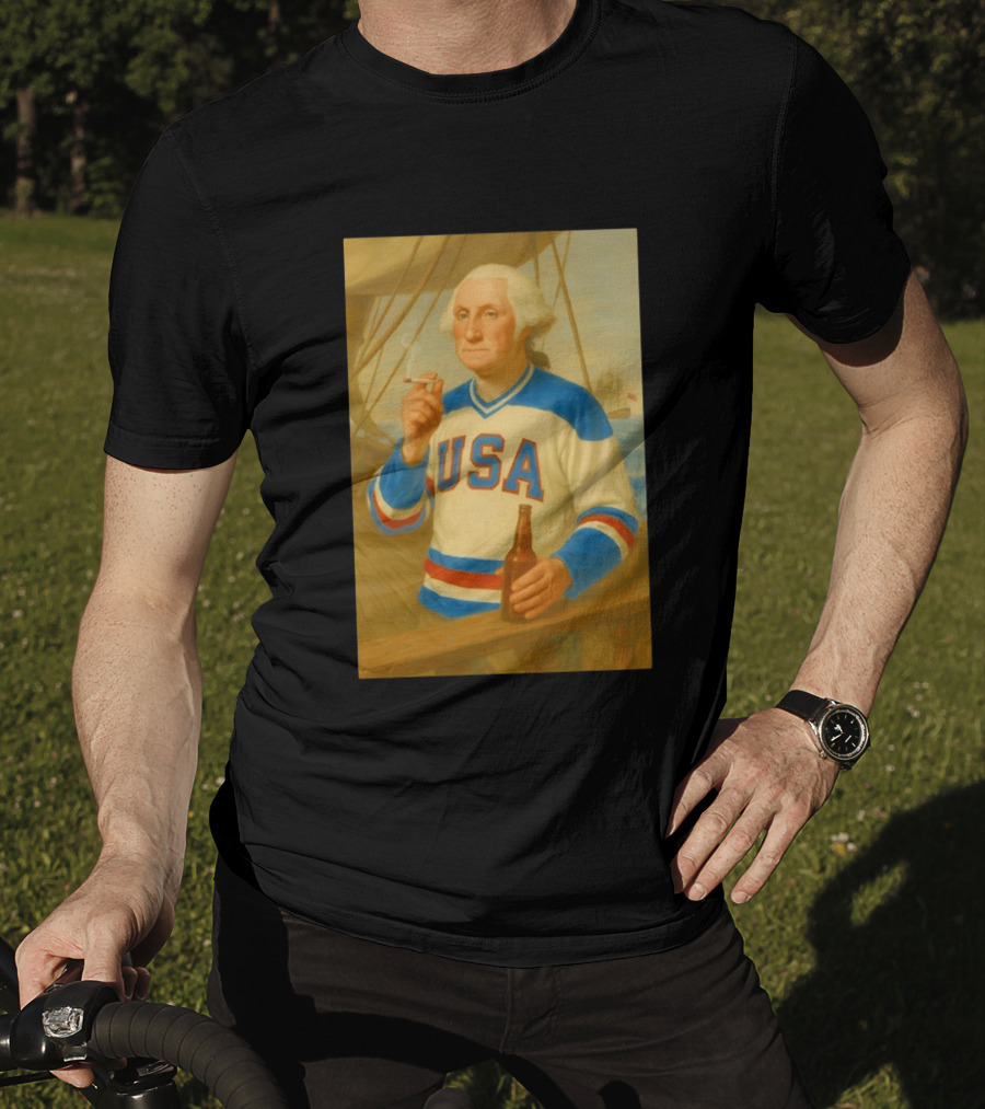 USA Hockey Jersey Wearing George Washington Smoking Holding Beer T-Shirt