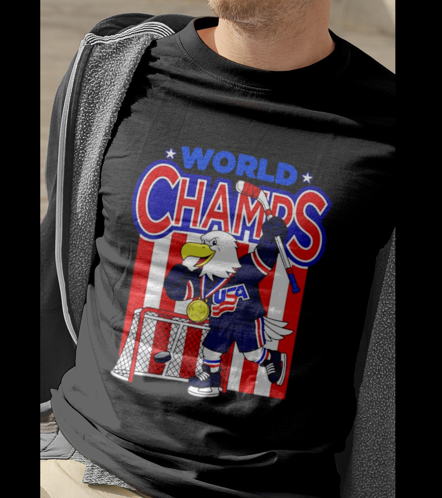 USA Hockey World Champs 2026 Eagle Mascot With Gold Medal T-Shirt