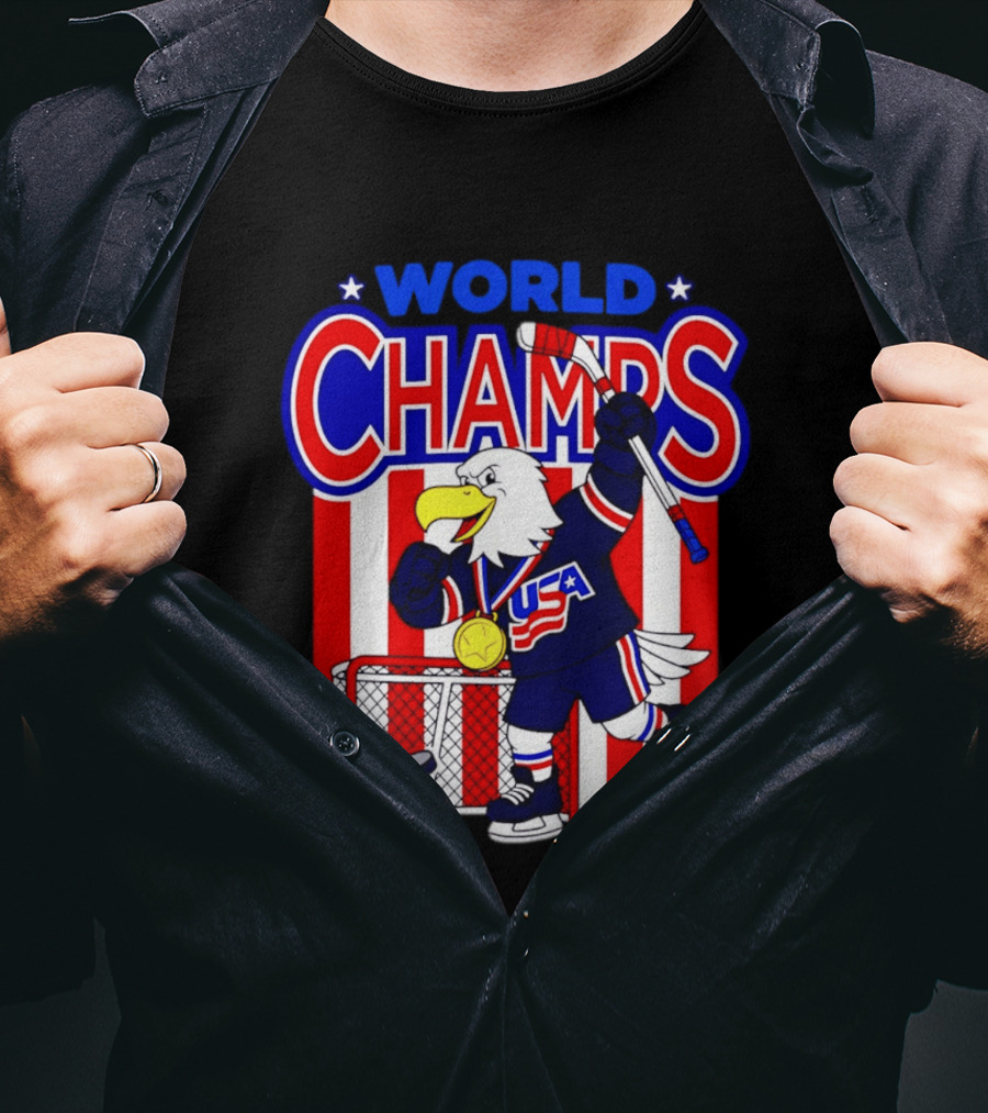 USA Hockey World Champs 2026 Eagle Mascot With Gold Medal T-Shirt