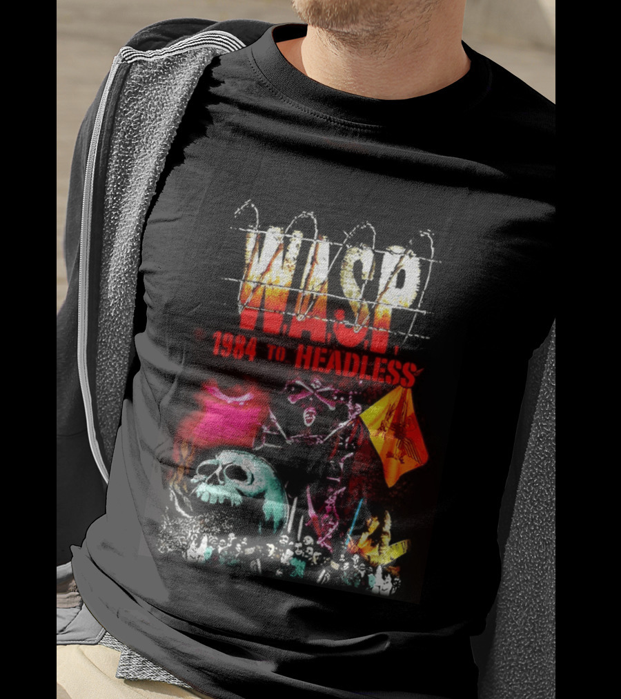 Wasp 1984 To Headless Flaming Logo Skull Crossbones Neon Skeletons T-Shirt