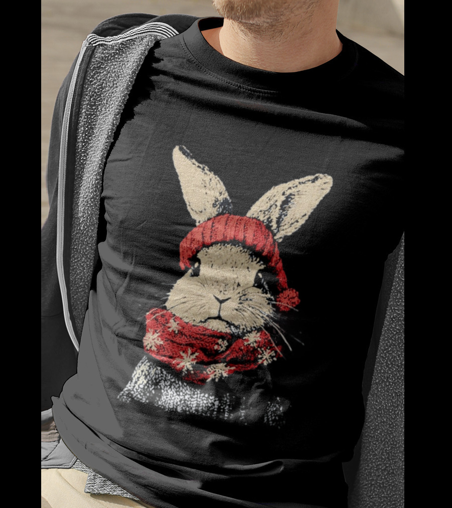 Bunny Rabbit In Red Knit Hat With Snowflake Scarf Winter T-Shirt