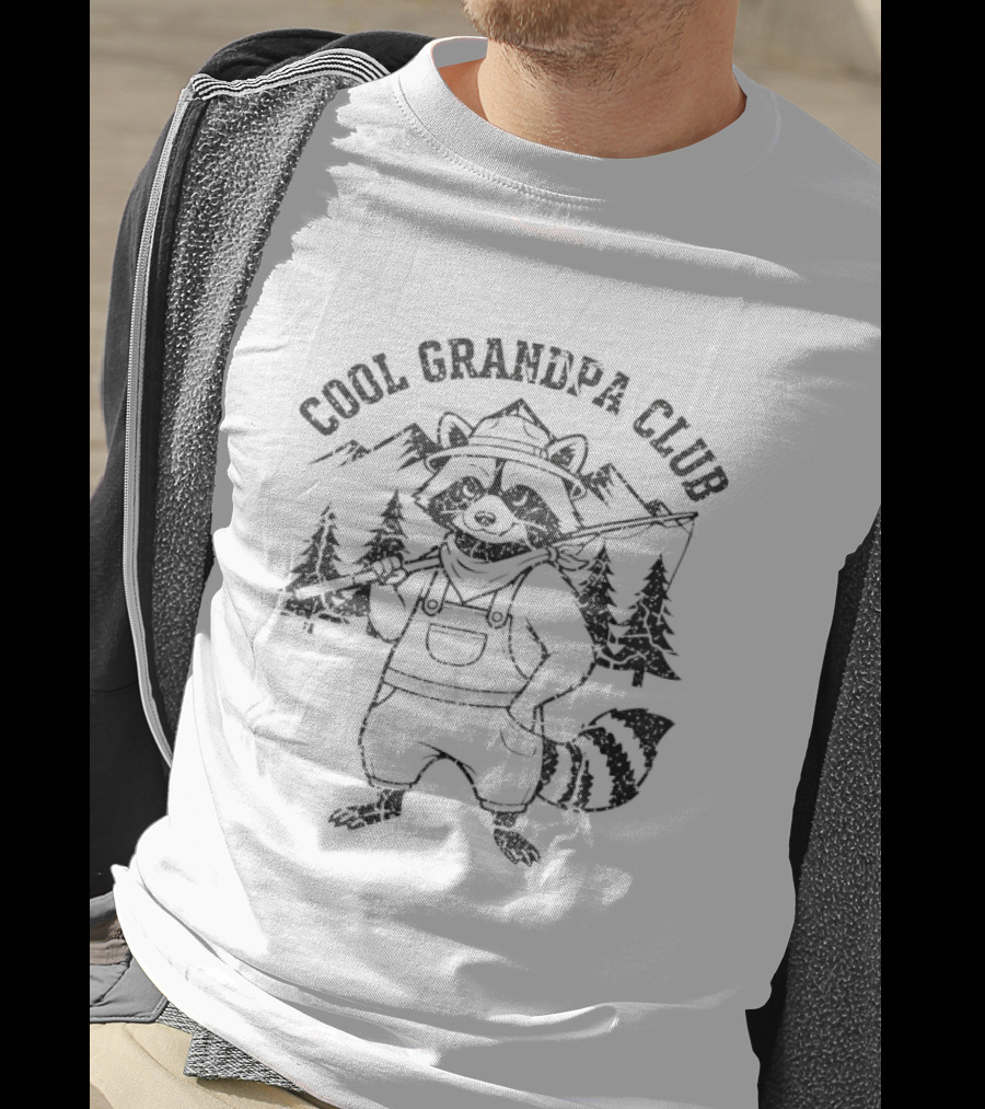 Cool Grandpa Club Raccoon With Fishing Rod And Mountain Trees T-Shirt