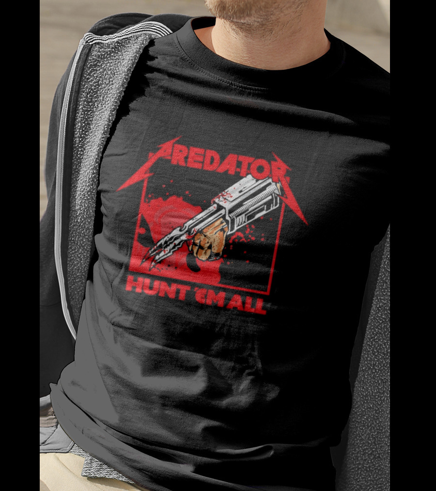 Hunt 'Em All With Iconic Predato Red Text And Weaponry T-Shirt