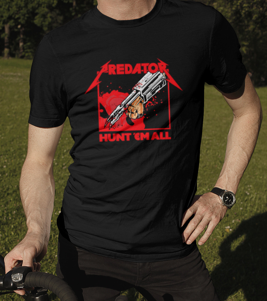 Hunt 'Em All With Iconic Predato Red Text And Weaponry T-Shirt