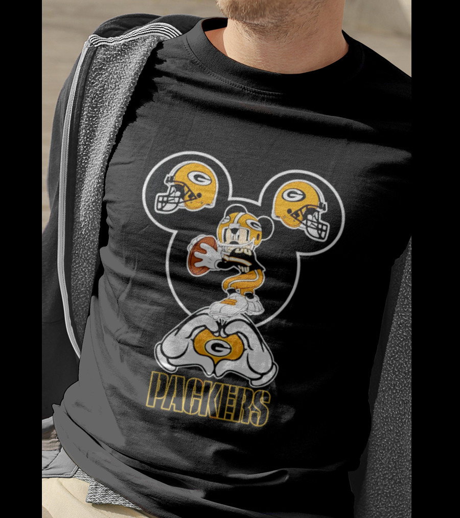 Packers Mickey Mouse Heart Hands Football Helmet T-Shirt
