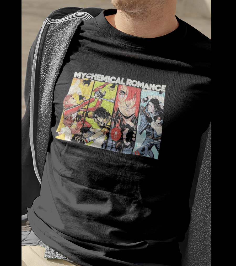 My Chemical Romance Comic Book Characters And Spider Symbol Vibrant Panel T-Shirt