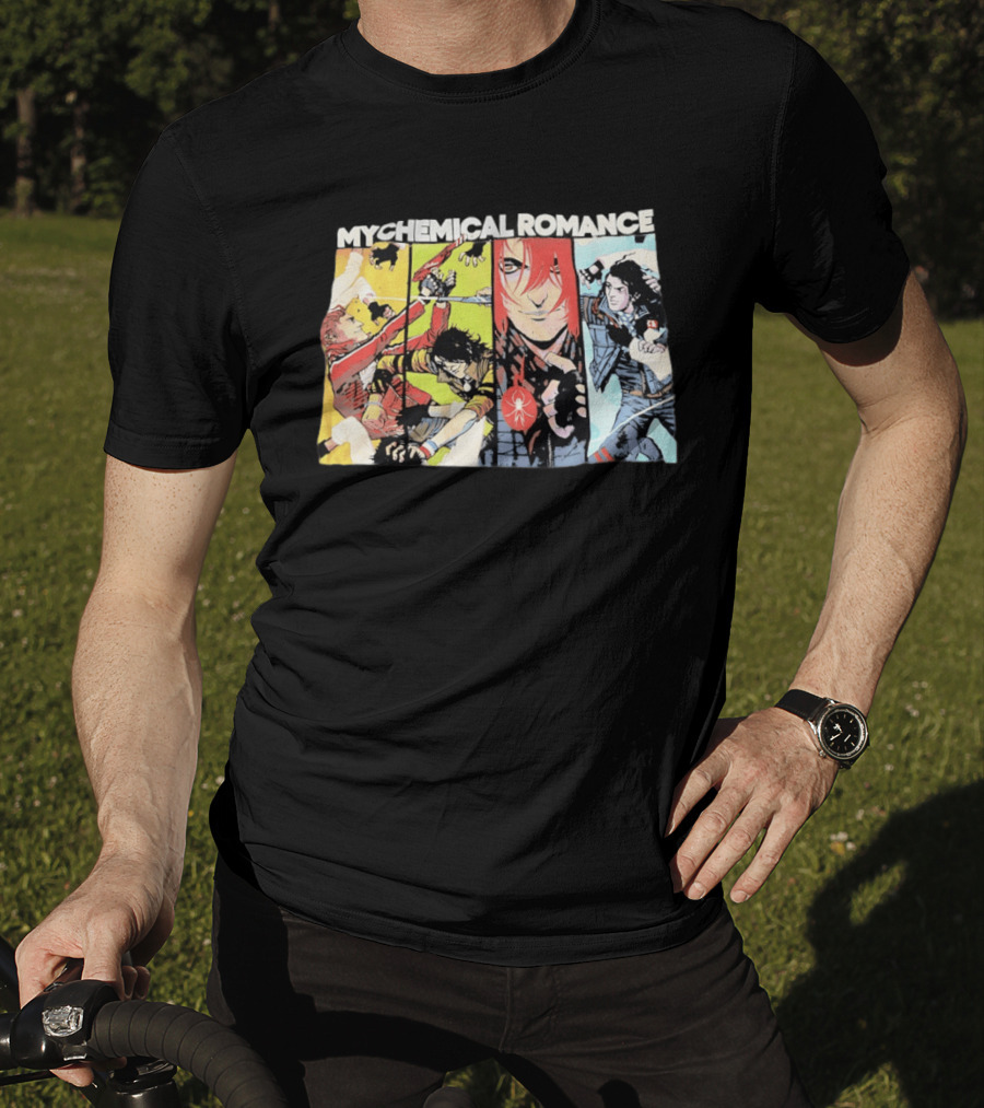 My Chemical Romance Comic Book Characters And Spider Symbol Vibrant Panel T-Shirt