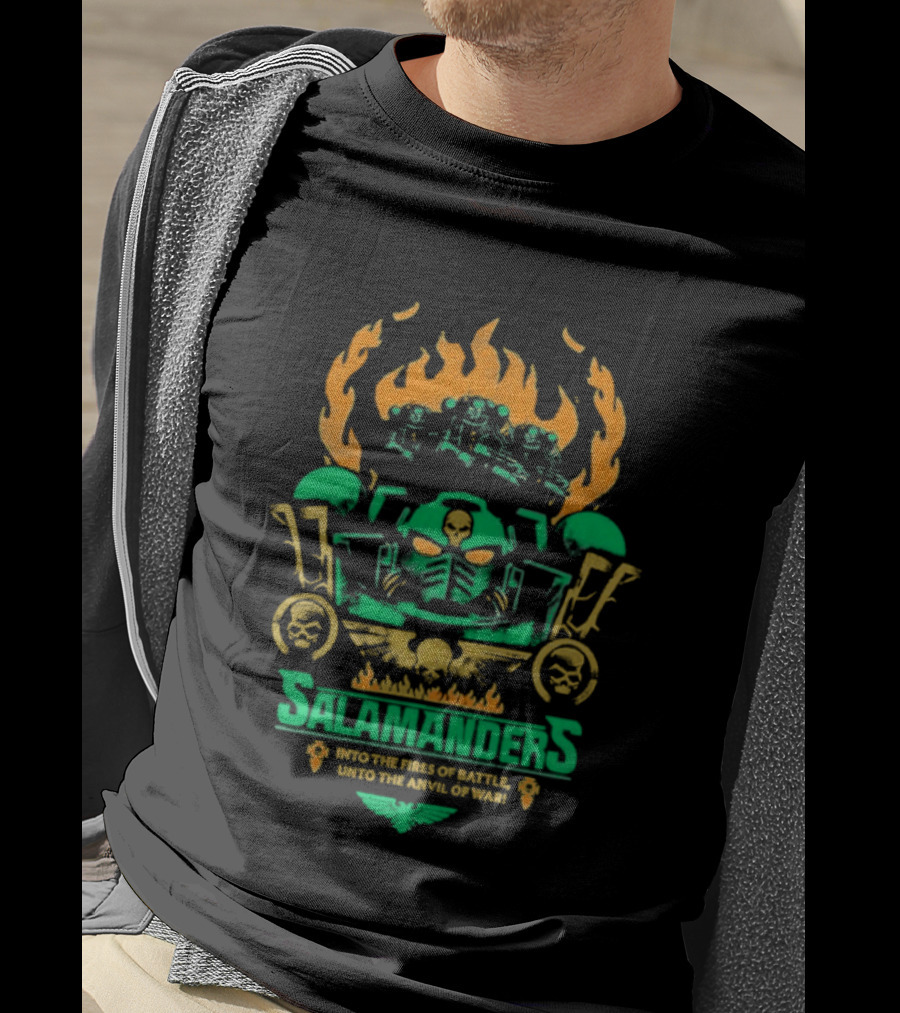 Salamanders Warhammer Into The Fires Of Battle Unto The Anvil Of War Flames And Skulls T-Shirt