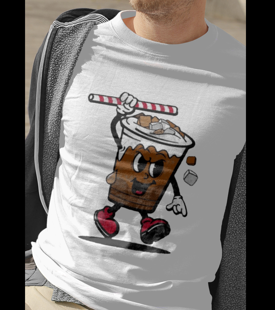 Reading Iced Coffees Cartoon Cup Character Fun T-Shirt