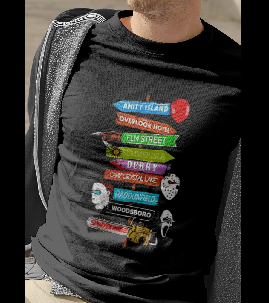 Amity Island Overlook Hotel Elm Street Summerisle Derry Camp Crystal Lake Haddonfield Woodsboro Sawyer House Horror Locations T-Shirt