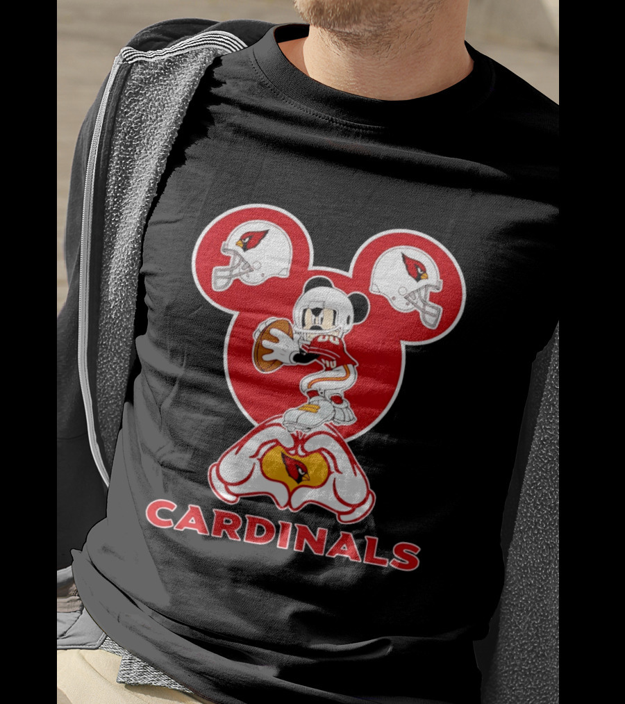 Arizona Cardinals Mickey Mouse Heart Hands Football Helmets T-Shirt