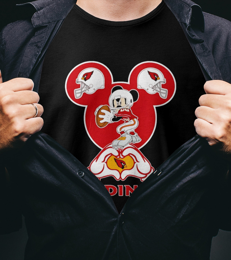 Arizona Cardinals Mickey Mouse Heart Hands Football Helmets T-Shirt