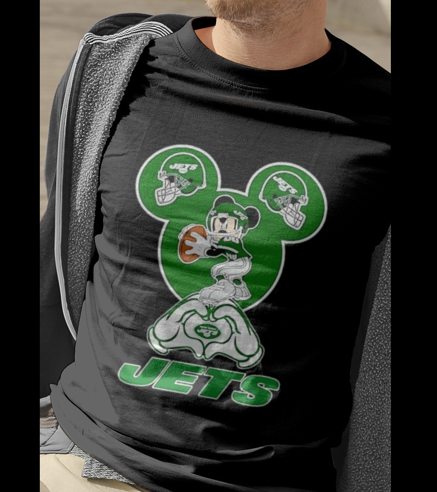 New York Jets Mickey Mouse Football Heart Hands T-Shirt