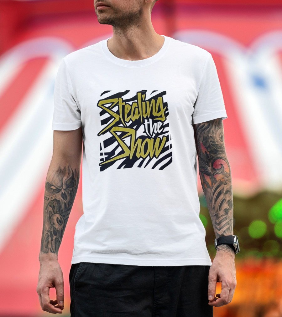 Stealing The Show Bold Graffiti Style Text On Striped T-Shirt