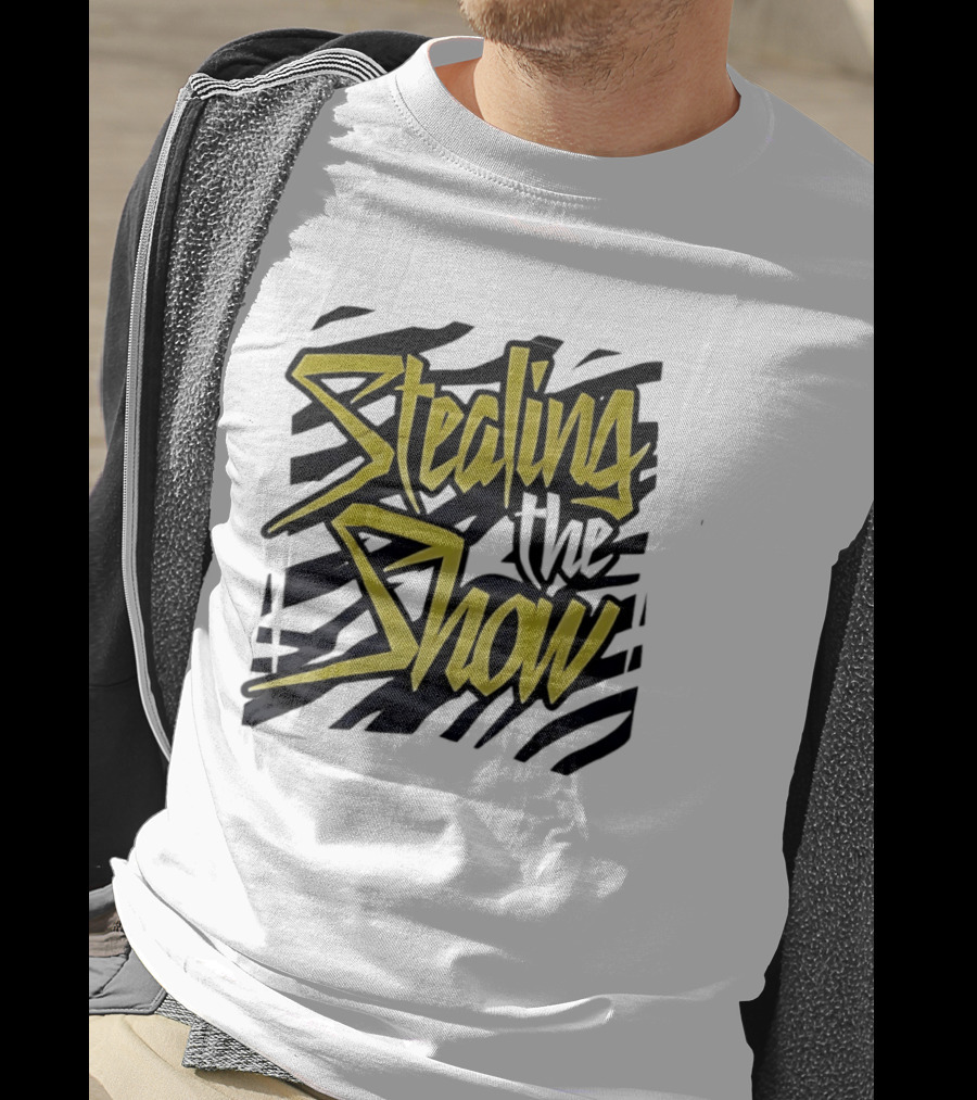 Stealing The Show Bold Graffiti Style Text On Striped T-Shirt