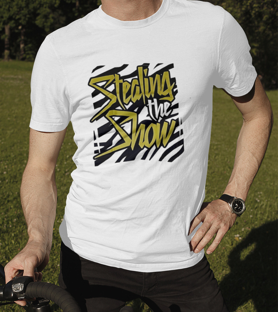 Stealing The Show Bold Graffiti Style Text On Striped T-Shirt
