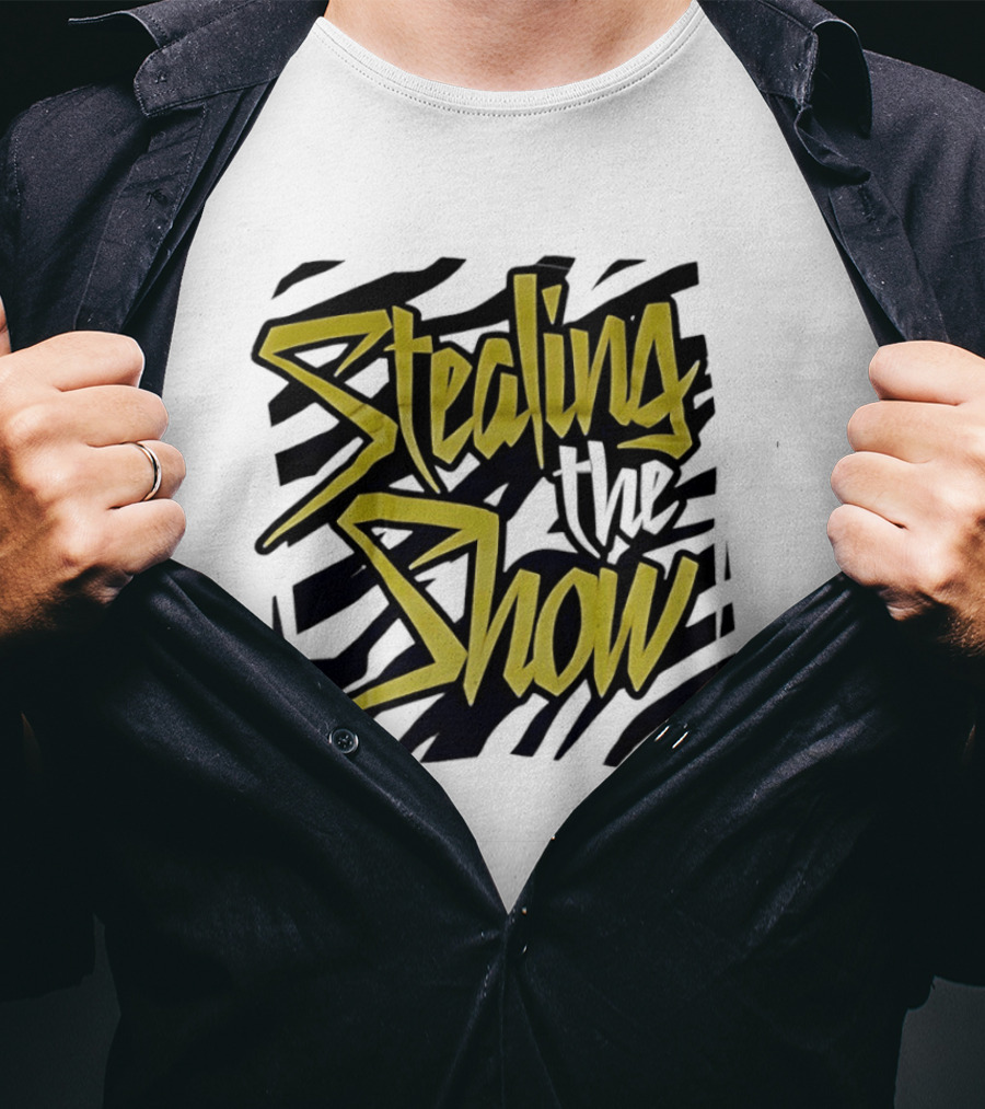Stealing The Show Bold Graffiti Style Text On Striped T-Shirt