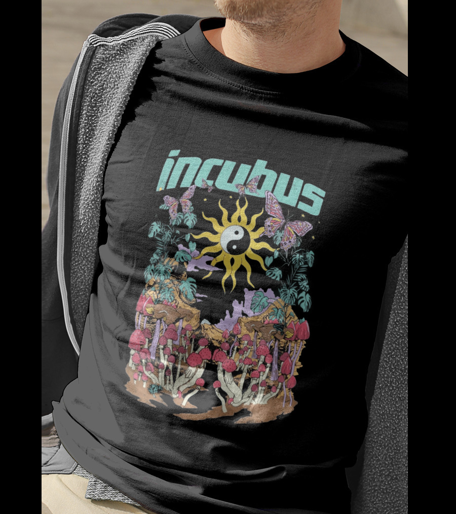 Incubus Yin Yang Sun With Mushrooms And Butterflies T-Shirt