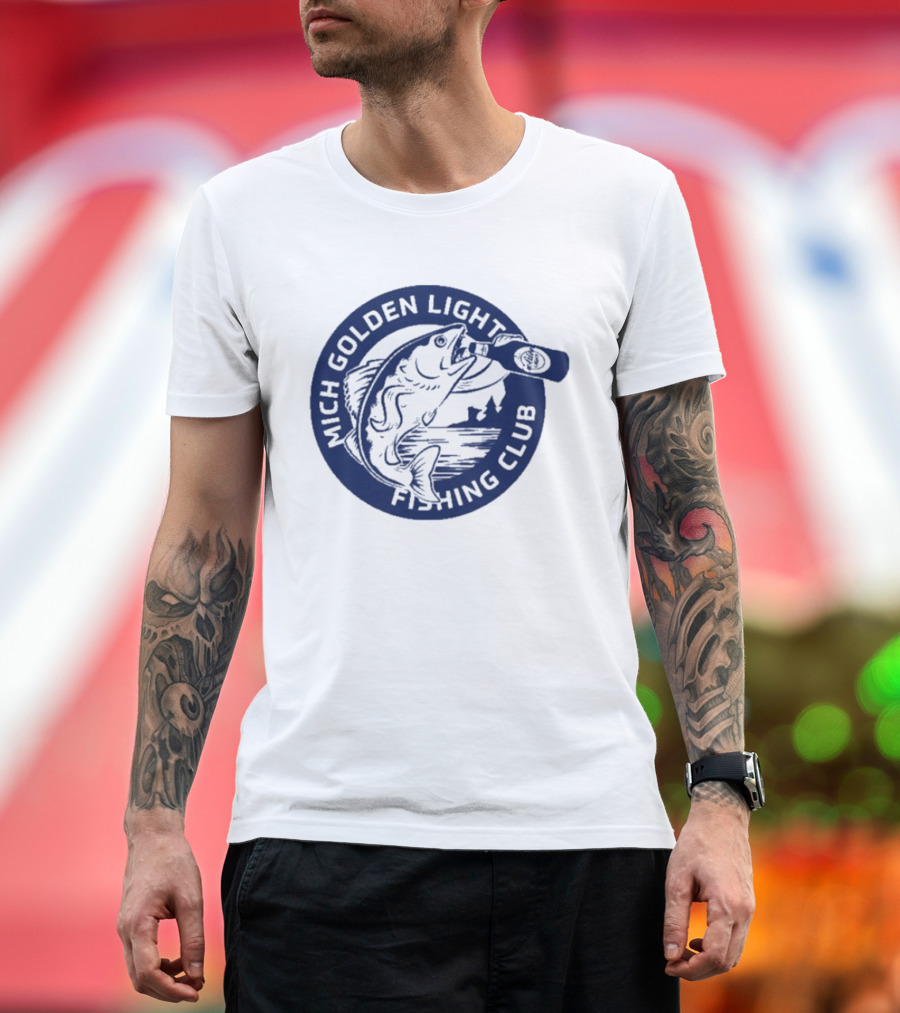 Mich Golden Light Fishing Club Logo With Fish And Bottle T-Shirt